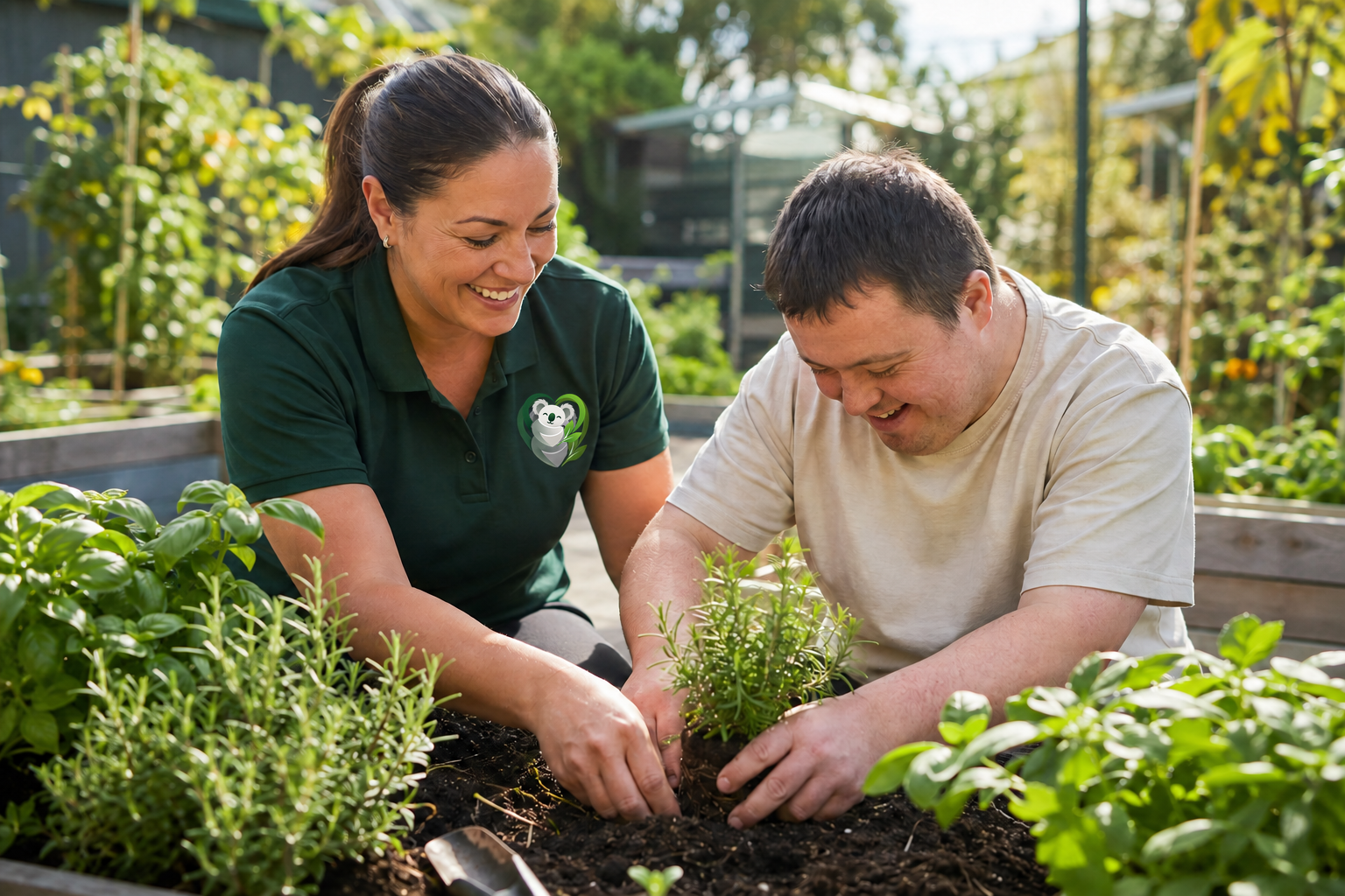 A Koalability-uniformed support worker gardening alongside an adult participant in a community garden.