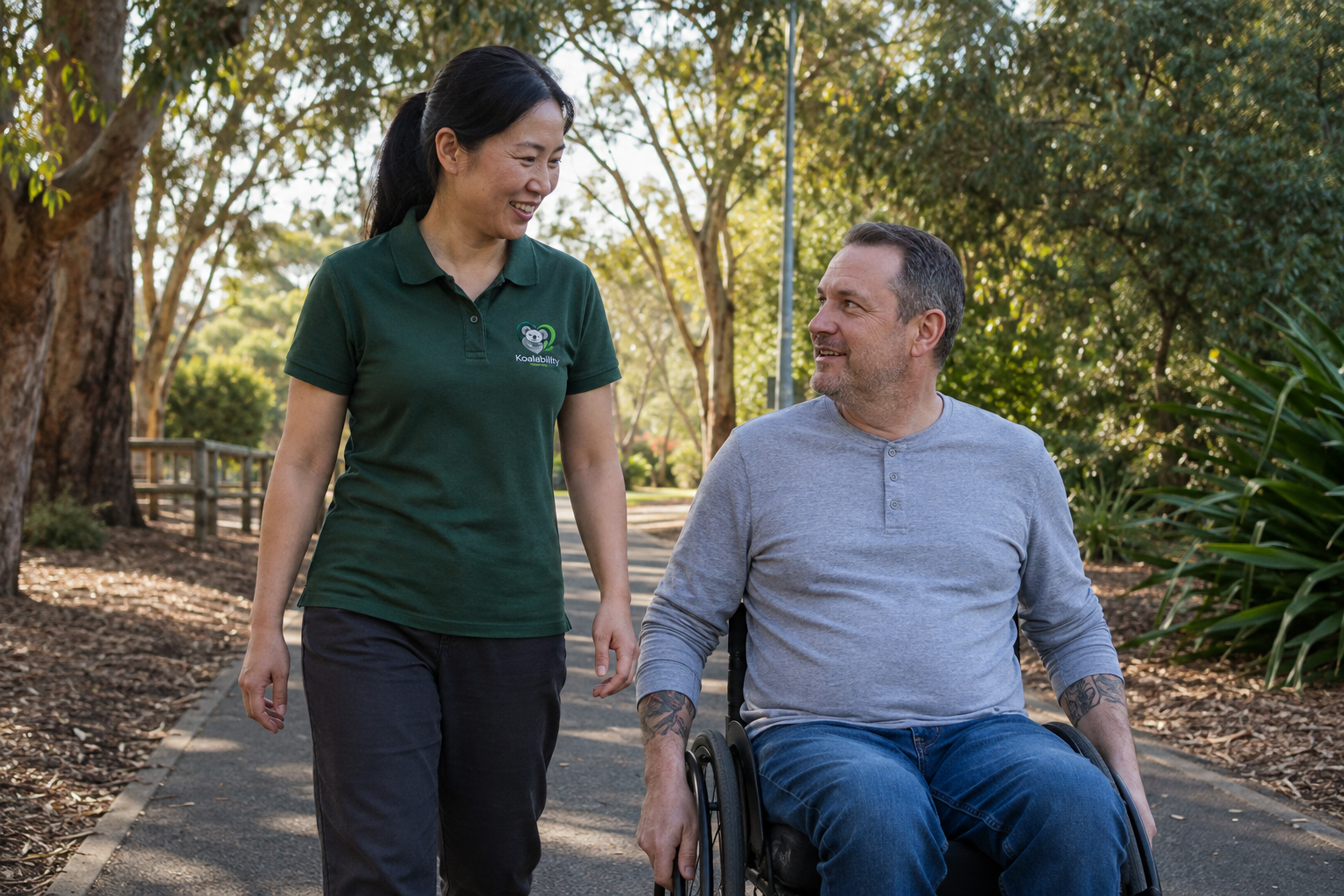 Illustration of a Koalability-uniformed worker accompanying a wheelchair user in a park.