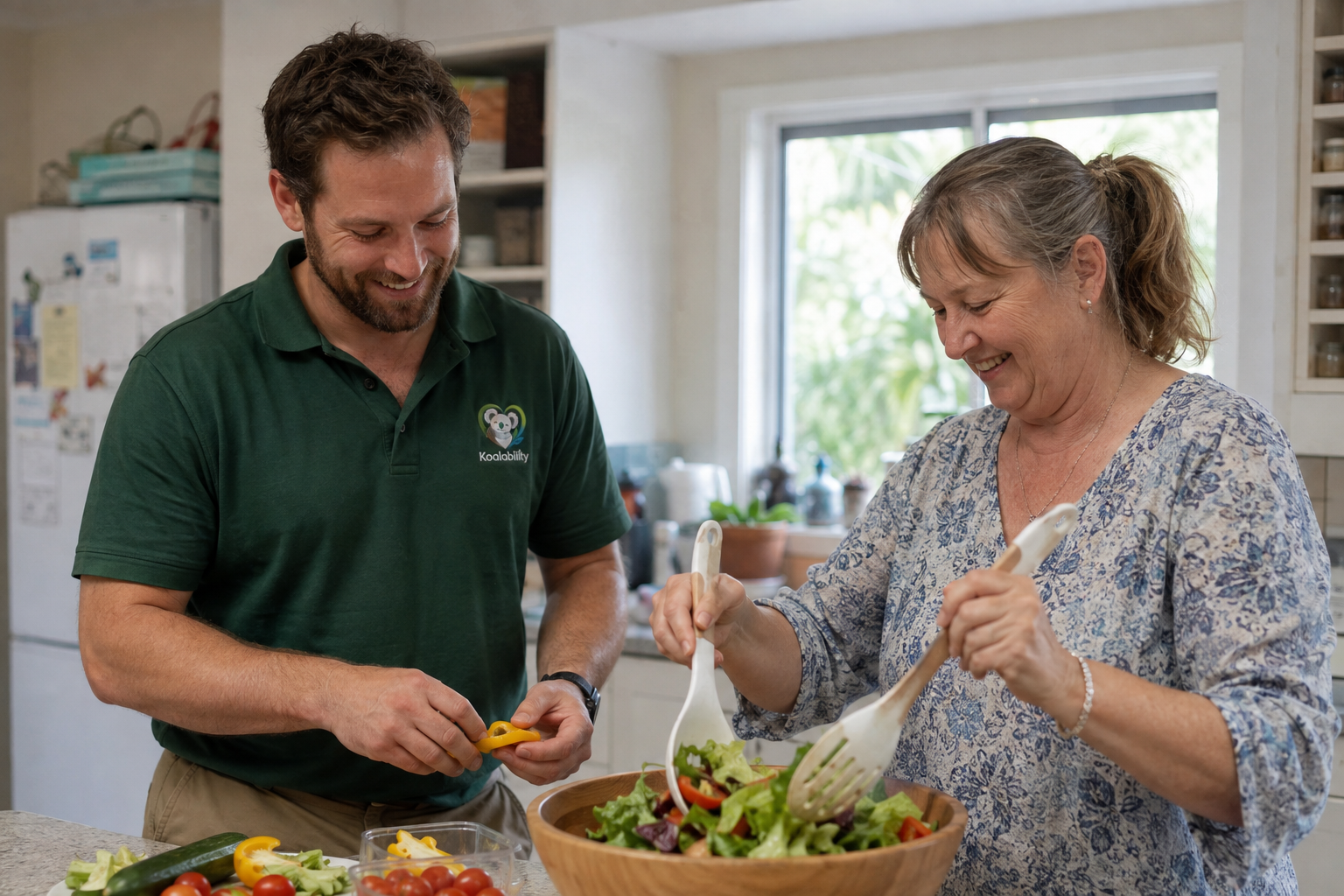 Illustration of a Koalability-uniformed worker preparing a meal with an adult.
